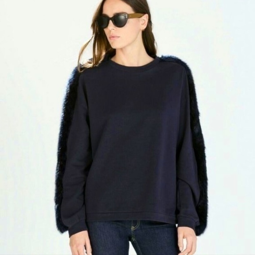 ZARA Plush Sweatshirt pullover faux fur sleeves navy blue S Gently Preloved - Picture 11 of 11